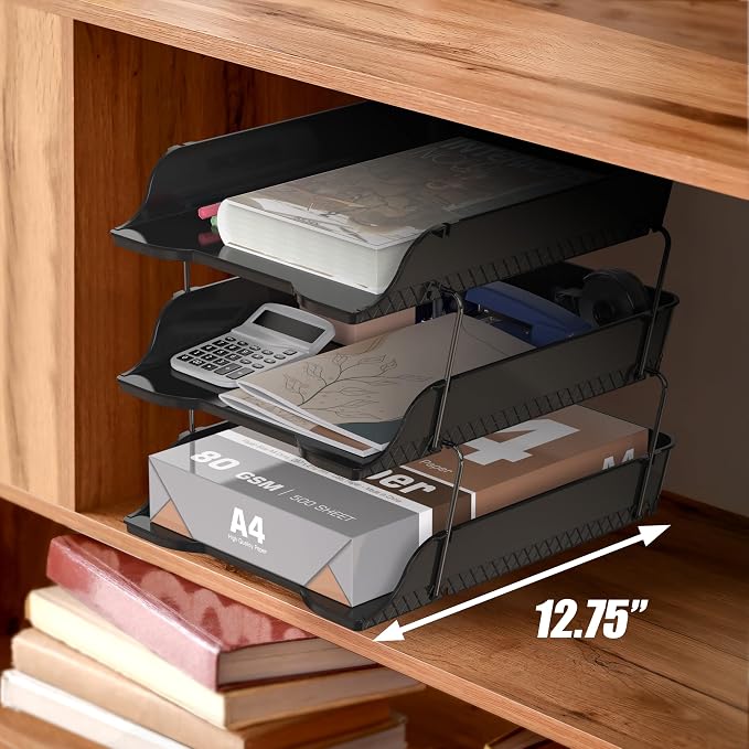 Simple Houseware 3-Tier Stackable Document Letter Tray Paper Organizer - Desk Organizer for A4/Letter Size Documents, File Sorter, Paper Holder, Office Desktop File Storage, Black