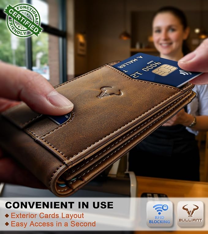 BULLIANT Men Wallet, Slim Leather Wallet Front Pocket Card Holder Gift For Men 11 Slots RFID Blocking