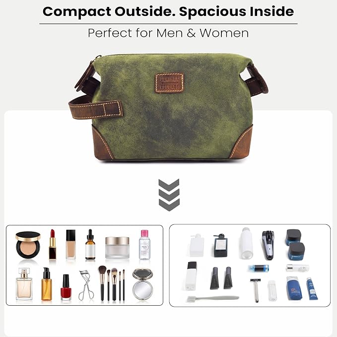 LEATHER VILLAGE Genuine Leather Dopp Kit for Men & Women with Waterproof Lining – Distressed Travel Toiletry Bag, Shaving & Bathroom Essentials Organizer - Distressed Green