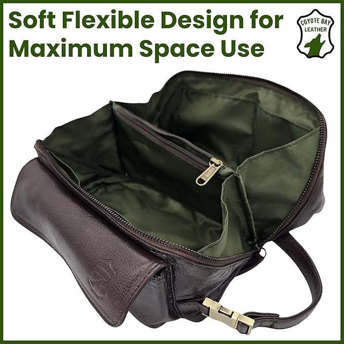 Coyote Bay® Flypouch Premium Full Grain Soft Leather Toiletry Bag, Large 9 Inch, Makeup Bag, Travel Organizer Pouch, Shaving Kit, Cosmetics Toiletry Bathroom Organizer (Brown, Large)