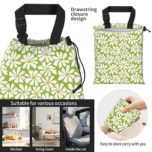 Car Trash Bag Large Hanging Can for Back of Seat, Cute Waterproof Car Garbage Bag for Vehicle, Travelling, Outdoor Cute Green White Flower