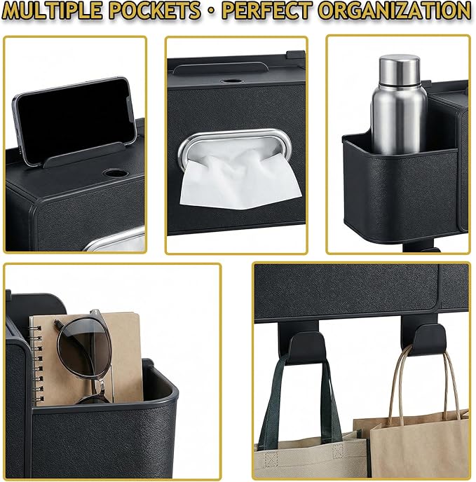 Backseat Car Organizer, 4 in 1 Multifunctional Car Back Seat Storage Organizer with Tissue Box, 2 Cup Holders, Phone Stand and Hooks, Automotive Seat Back Organizers (Brown)