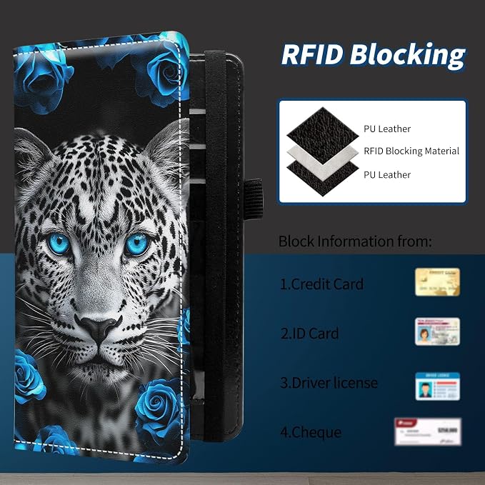 Check Book Cover for Personal Checkbook with Duplicate Checks for Women's & Men PU Leather Wallets Check Book Holder with Pen Card Slots Elastic Strap,Leopard And Rose