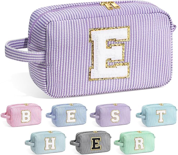YOOLIFE Birthday Gifts for 6 7 8 9 10 11 12 13 14 15 Year Old Teen Girl - Initial Makeup Bag Letter Toiletry Pouch Cosmetic Case, Personalized Teen Girl Gifts Trendy Stuff Party Favor, Purple E