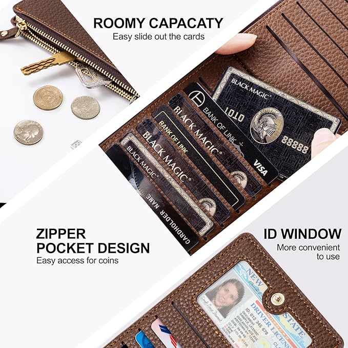 Wallet Women - Slim Bifold RFID Blocking Wallet Leather Ladies Multi Card Holder Wallet with 2 Zipper Pocket (Brown)