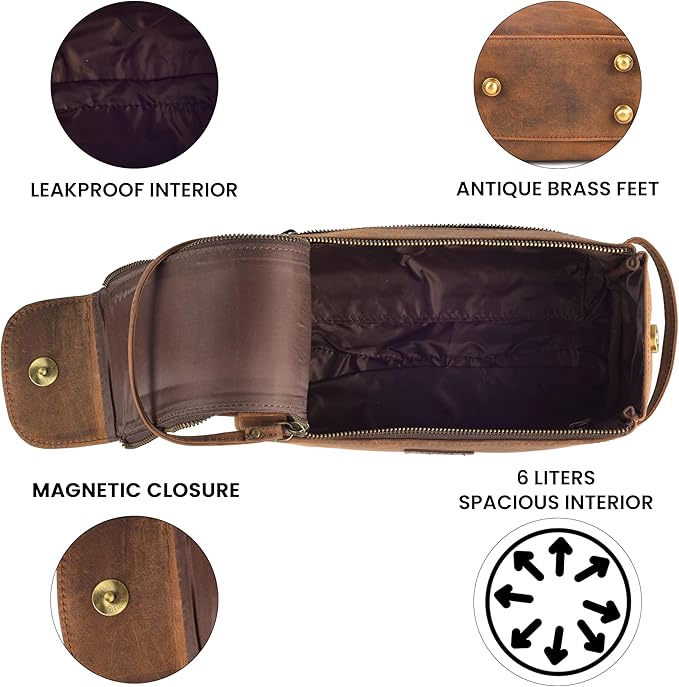 Rasavi Genuine Leather Travel Toiletry Bag for Men & Women, Handcrafted Vintage Dopp Kit, Water-Resistant Shaving & Bathroom Essentials Organizer - Distressed Brown