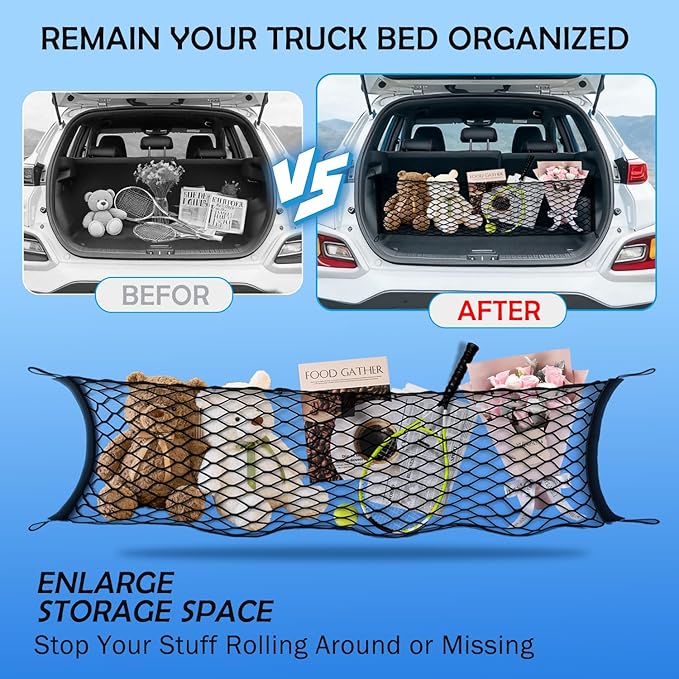 Envelope Style Cargo Net for Hyundai Kona 2024 2025 2026 Accessories, Rear Trunk SUV Mesh Cargo Net, Upgraded 5mm Bungee & Double-Layer Nylon Storage Tailgate Netting Grocery&Tools Holder Organizer