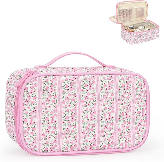 Relavel Cute Makeup Bag for Girls, Portable Pink Cosmetic Bag, Dual-layer Makeup Pouch with Brush Holder, Multi-Functional Preppy Toiletry Organizer for Travel, Daily Use - Pink Flower