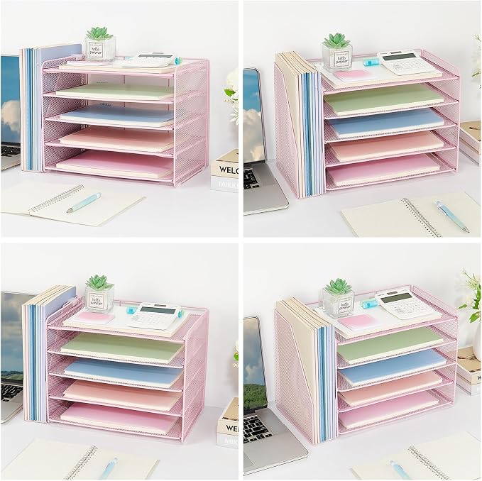 OPNICE Desk Organizer, 5-Tier Paper Organizer Letter Tray with Magazine Holder, Office Desk Accessories & Workspace Organizers, Desktop File Organizer for Office Supplies Storage, Pink