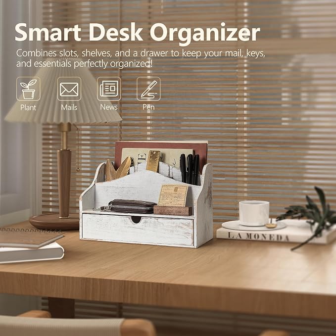 Pine Wooden Mail Organizer for Desk - Retro Farmhouse Mail Holder Countertop with Drawer & Dividers - 4-Slot Letter Holder for File & Office Accessories - Office Organizer for Home Decor (Whitewash)