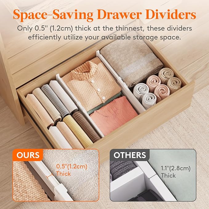 Lifewit 8" Tall 4 Pack Drawer Dividers, 35-56.5cm/13.8-22.2" Expandable Drawer Divider for Clothes, Adjustable Dresser Drawer Organizers, Drawers Separators for Dresser/Bathroom/Closet/Kitchen White
