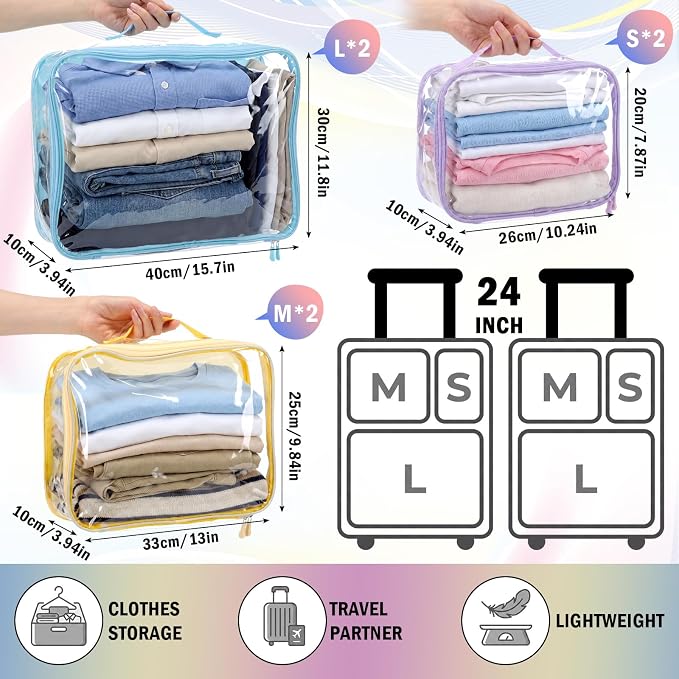 6 Pcs Clear Packing Travel Cubes Set Reusable See Through Premium PVC Plastic Organizer Bag with Handle for Summer Camp Travel Luggage Storage Organizer Multipurpose Pouch Toiletry Bag(Bright Color)