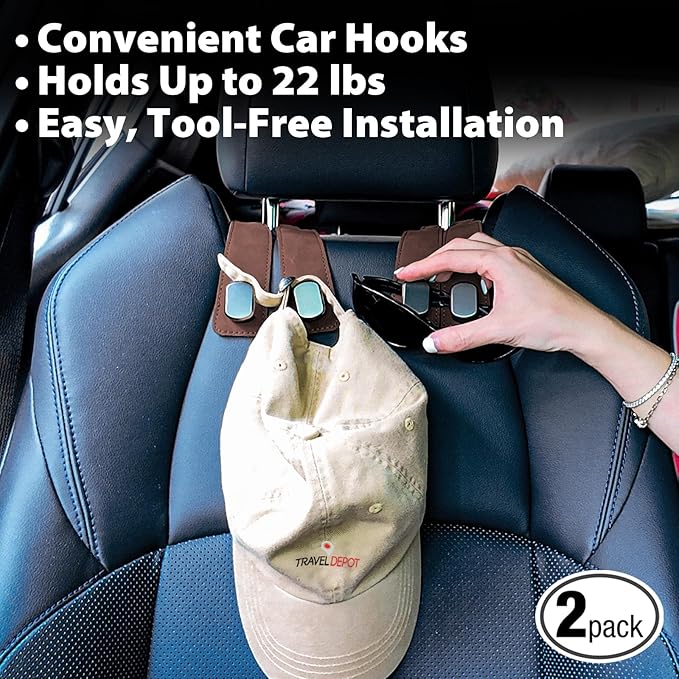 Travel Depot Headrest Hooks for Car, Purse Hook for Car, Premium Leather Twin Hook Car Seat Hooks, Double Hook Seat Back Storage Organizer for Purses, Bags, SUV, Truck, Vehicle, 2 Pack, Brown