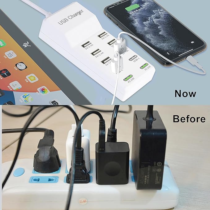 USB Charger,100W USB Charging Station with 10-Port(6 USB-A Port&2 USB-C Port&2 PD20W) Compatible with iPhone 15/14/13/13pro Max 12/12 Mini/12Pro/12 Pro Max/11,Tablets, Smartphones White
