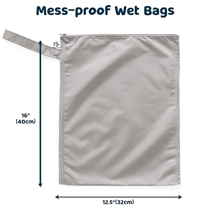 Tiny Twinkle Mess Proof Wet Bags | 2-Pack Reusable Waterproof Wet Bags for Swimsuits | Baby Clothes | Travel & Diaper Bag (Grey, Indigo)