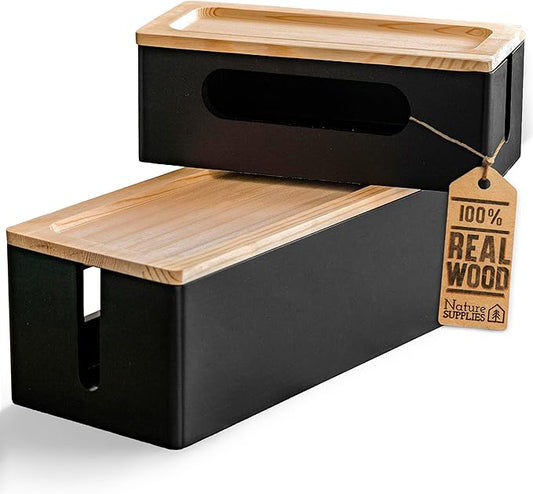 [Pack of 2] Wooden Cable Storage Box, Large Storage Stand for Desk, TV, Computer, USB Hub