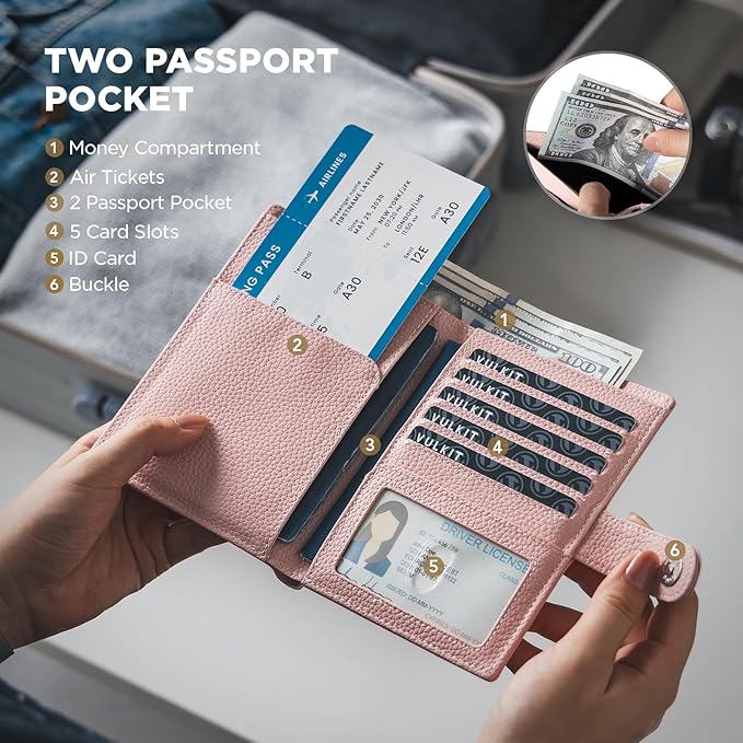 VULKIT Leather Passport Wallet for 2 Passports Slim Double Passport Holder RFID Blocking Passport Travel Wallet with ID Window for Women