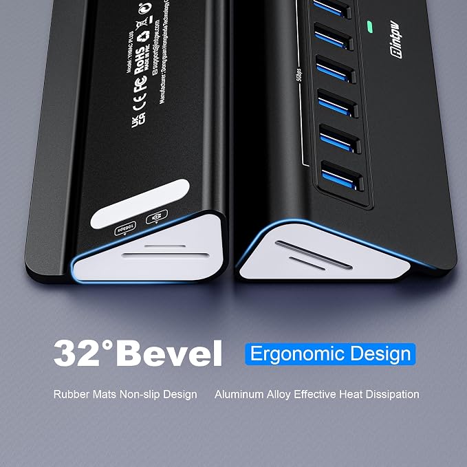 Powered USB Hub 10Gbps, Intpw YH9AC Plus 13-Port USB 3.2 Hub(USB A/USB C 3.2+6 USB-A 3.0+2 PD 45W Fast Charging Ports+SD/TF Card Reader), 65W Power Adapter,Aluminum USB HUB for PC,Laptop,iPhone 17/16