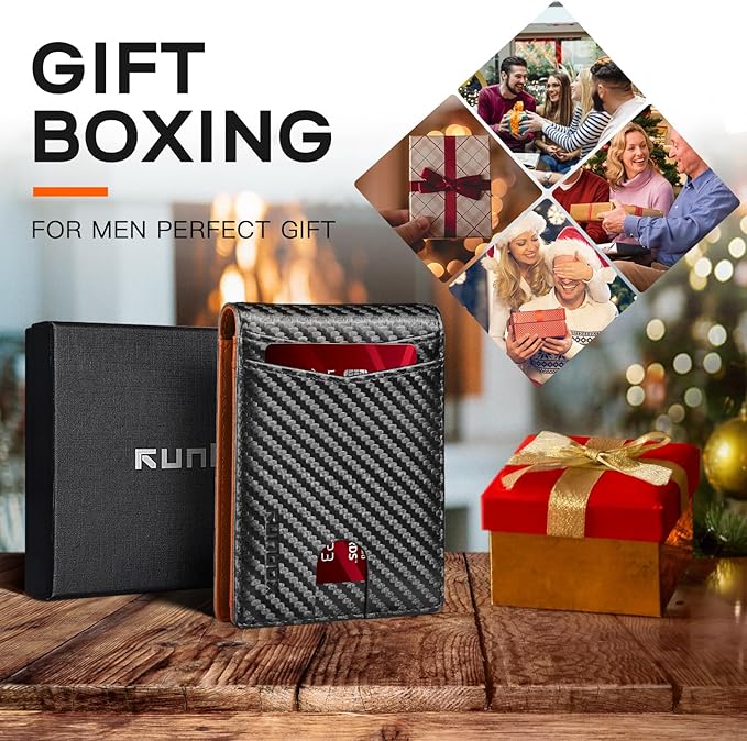 RUNBOX Wallet for Men Slim Leather Bifold RFID Blocking Minimalist Front Pocket Design with Gift Box