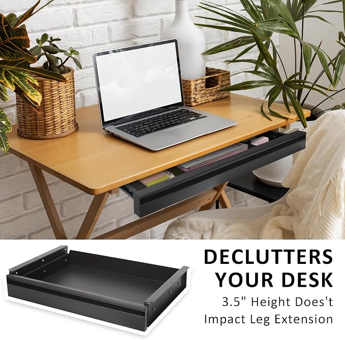 POPMOON Under Desk Drawer For Desk 23.5 in, Pull out Storage Organizer with Slide Extension Mounted Under Flat Wooden Table or Workbench, Carbon Steel Hidden Desk Drawer