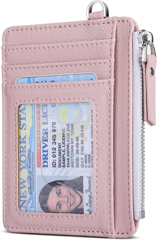 Teskyer Slim Card Holder Wallet with Zip Pocket, RFID Blocking, Total 9 Compartments Large Capacity, 3.5" x 4.7" (Slight Larger Than Usual), Faux Leather - Dark Pink