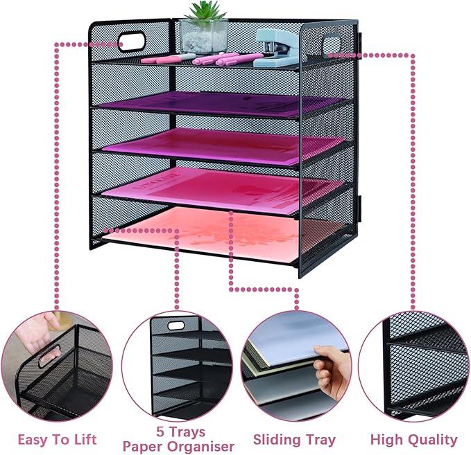 5 Tier Lettrer Tray Organizer with Handle, Metal Mesh Desk File Organizer with Sliding Trays, Paper Sorter Desk for Home Office School, Black
