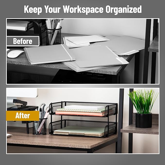 Mind Reader 2-Tier Stackable Paper Tray, Desktop Organizer for Letter-Size Documents, Office File Storage, Metal Mesh, Set of 2, Black
