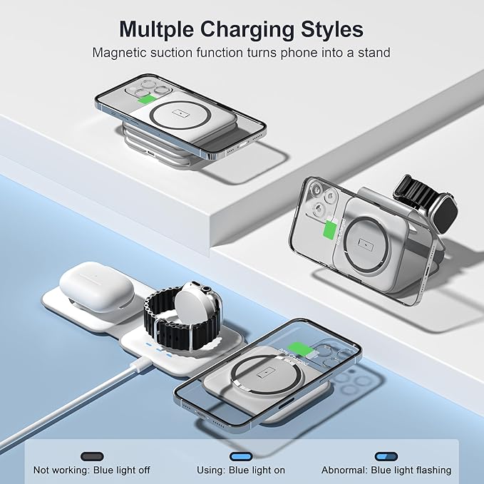 UCOMX 3 in 1 Charging Station for Multple Devices,Foldable 3 in 1 Wireless Charger for Travel,NANO Wireless Charging Station for iPhone17 16 15 14 13 12 Pro Max/Watch 10 9 8 7 6 5 4 3 Ultra/AirPod Pro