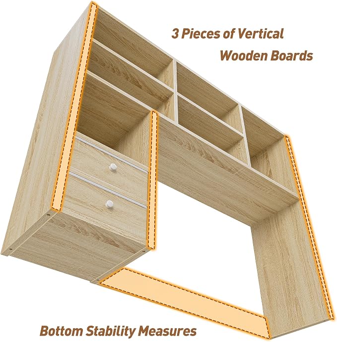 REIBII Desktop Bookshelf, High-Capacity Desk Hutch Organizer with 7 Shelves and 2 Drawers, Adjustable Bookshelf Storage, Desk Shelf for Top of Desk, Desk Hutch Dorm, Natural