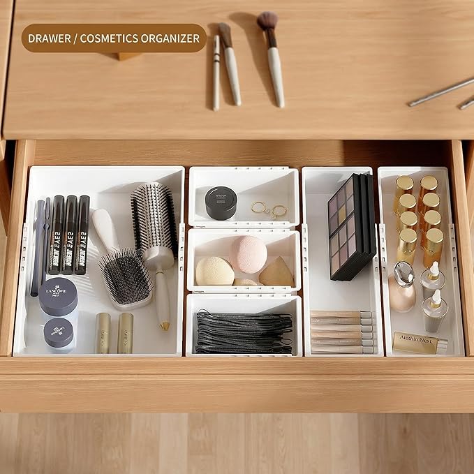 Expandable Drawer Organizer for Kitchen, Bathroom & Office – Adjustable Plastic Storage Tray for Utensils, Makeup, Cutlery, Desk Supplies – BPA-Free, Stackable, No Assembly Required (3 PCS)