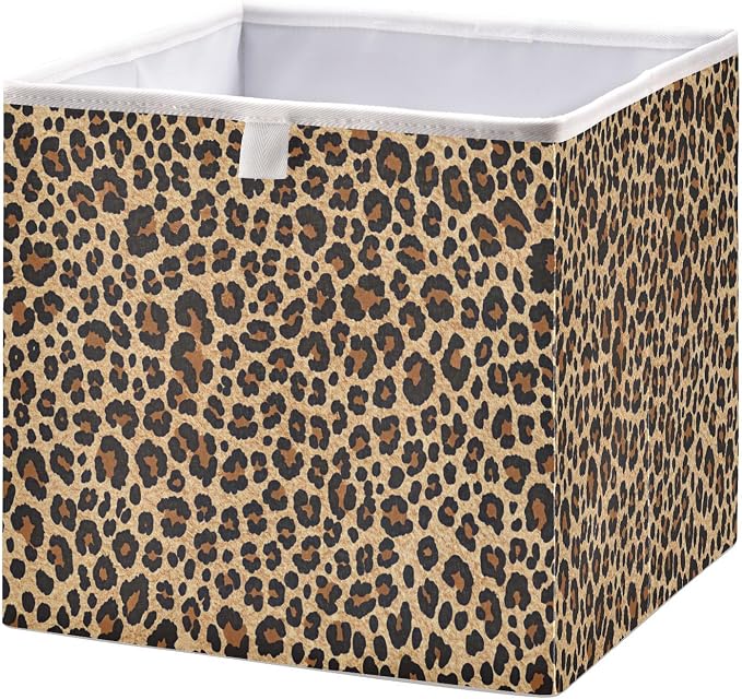 Brown Leopard Print Storage Baskets, 15.75x10.63x6.96 inch Foldable Decorative Fabric Storage Bins, Closet Organizer for Shelves, Clothes, Books & Bedroom Organization