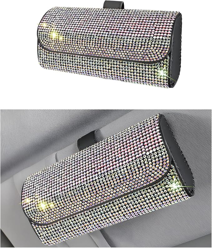 Ohleats Bling Sunglasses Holder for Sun Visor, Sparkling Glasses Sun Visor Organizer Case with Hidden Magnetic Closure, Auto Visor Crystal Eyeglasses Storage Case, Car Accessories (Bling Colorful)