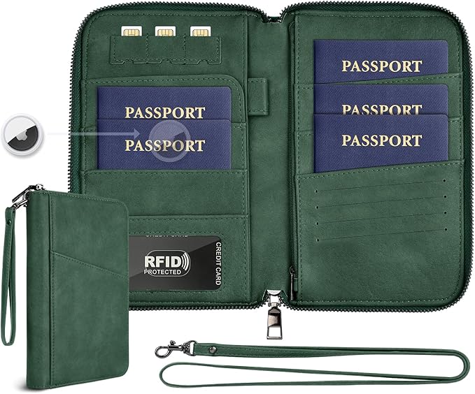 Family Passport Holder Wallet RFID Travel Document Organizer for Women Men, Portable Case Cover for Cards, Boarding Pass with Wrist & Neck Double Strap, Travel Christmas Gifts (Charcoal Green, 1pack)