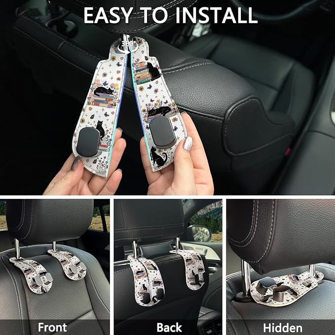 Blusabaca 2PCS Car Hooks for Purses Bags, Book Lover Bookish Black Cat Seat Back Storage Headrest Holder Hanger PU Leather Double Metal Backseat Organizer, Women Car Accessories Organization