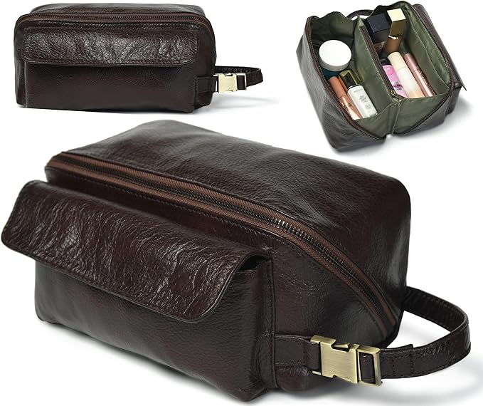 Coyote Bay® Flypouch Premium Full Grain Soft Leather Makeup Bag Small 7.5 Inch, Travel Organizer Pouch, Shaving Kit, Cosmetics Toiletry Bathroom Organizer Kit (Brown, Small)