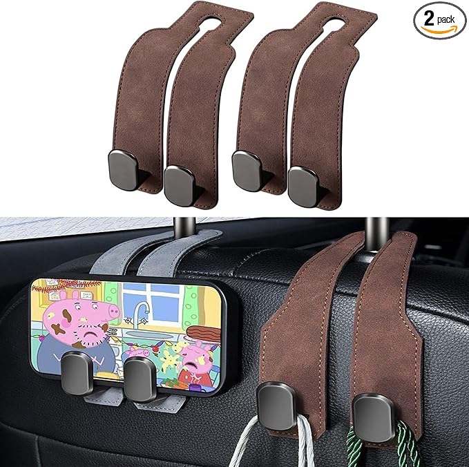 2026 car wallet hook, car headrest hook, double hook leather car seat hook, car seat headrest hook, car seat backrest storage hook, seat backrest storage hook (brown)