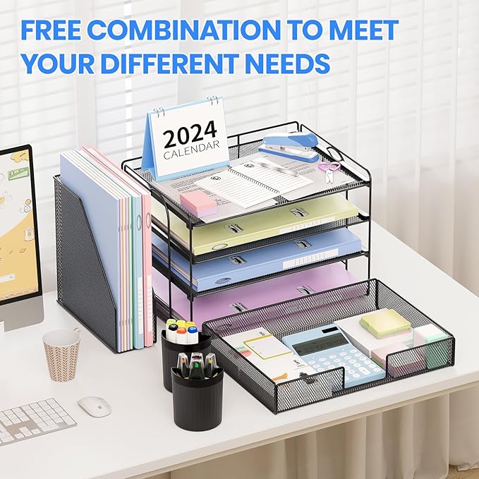 OPNICE Desk Organizer, 4-Tier Desktop File Organizer with Drawer and 2 Pen Holders, Office Desk Accessories, File Sorters, Workspace Organizers for Office Supplies(Black-2pack)