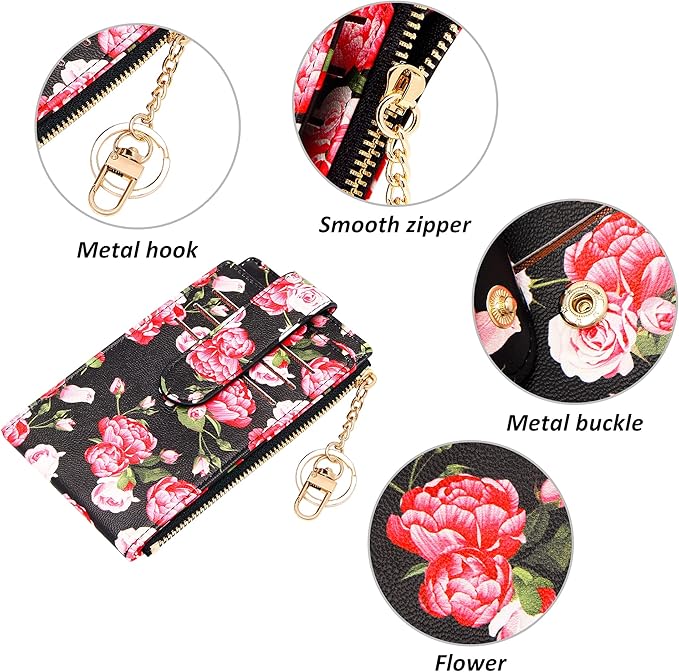 Badiya Slim Women Wallet RFID Blocking Bifold Compact 9 Card Slots Holder Wallets Soft Leather with Zipper Coin Pocket 2 ID Window