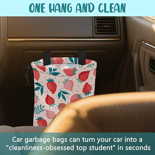 Car Garbage Bag Strawberry Berries and Leaves Hanging Canvas Car Trash Bag Waterproof Drawstring Car Back Seat Organizer for Car Back Front Seat Console with Adjustable Buckle