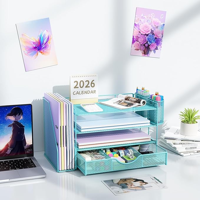 gianotter 4-Tier Paper Letter Tray + Monitor Stand with Storage (Blue)