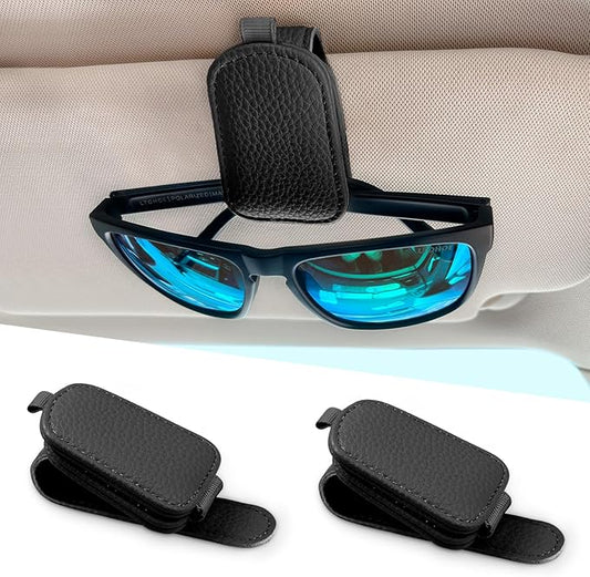 LTOHOE 2 Pack Sunglass Holder for Car, Magnetic Leather Sunglasses Holder and Ticket Card Clip, Universal for Different Size Glasses, Car Visor Accessories(Black)