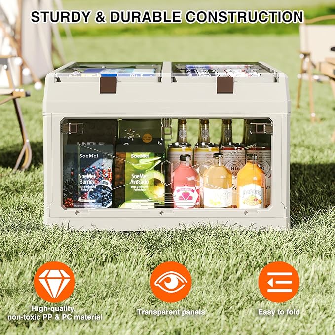 Closet Organizer and Storage Box, Large Essential Collapsible Plastic Car Trunk Container with Clear Lids and Doors, Open Front Multifunctional Stackable Bin for Bedroom, Dorm Room, Craft 50 L