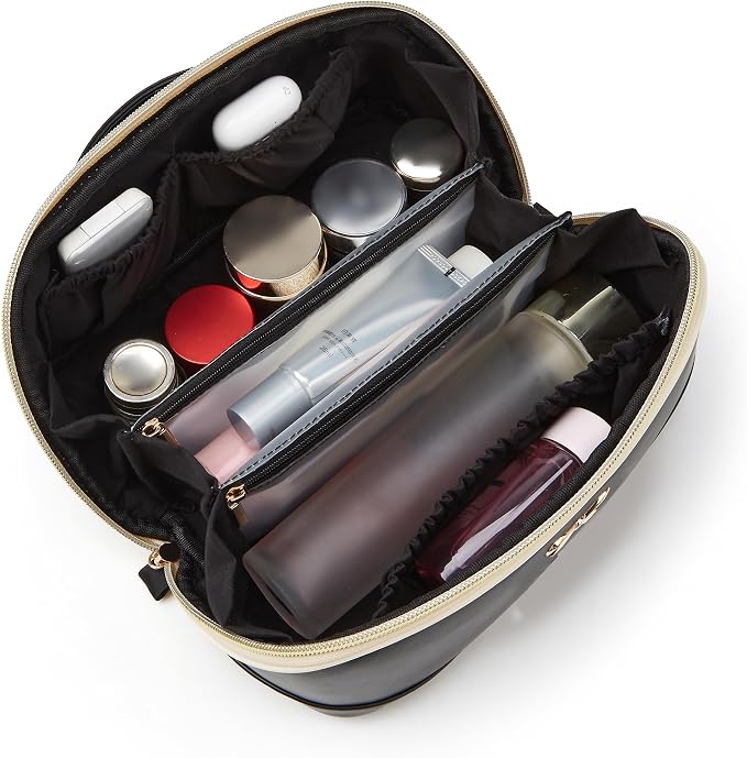 YTL Travel Makeup Bag, Large Capacity Cosmetic Bag for Women, Waterproof PU Leather, Flat Open Portable Toiletry Bag for Skincare, Brushes & Travel Essentials