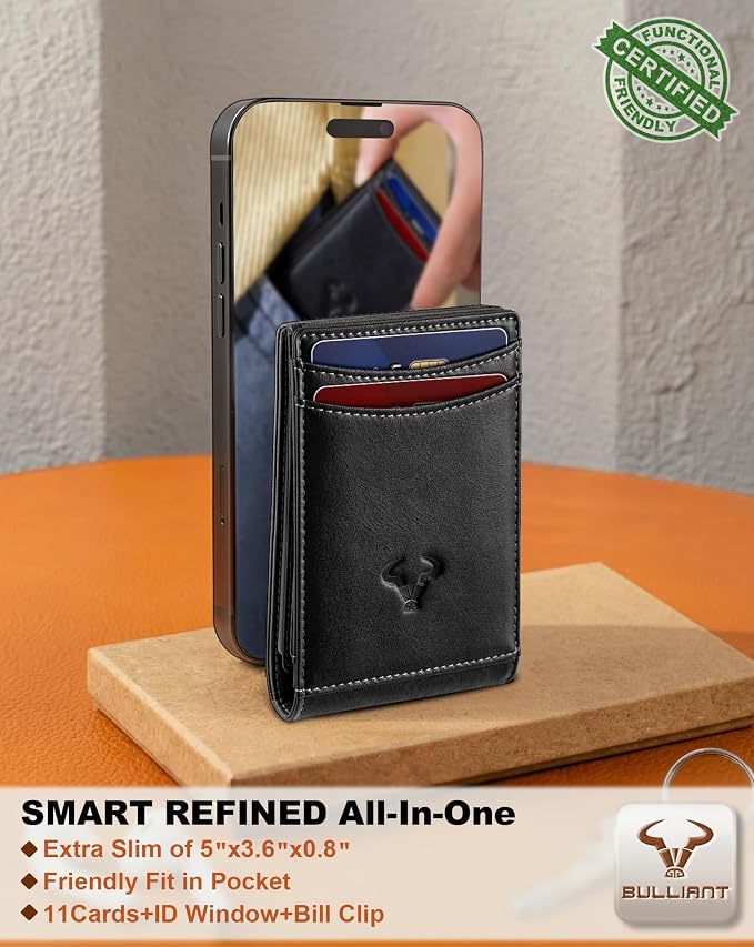 BULLIANT Men Wallet,Magnetic Slim Wallet 10 cards Build-in Bill Folder ID Windows RFID Blocking