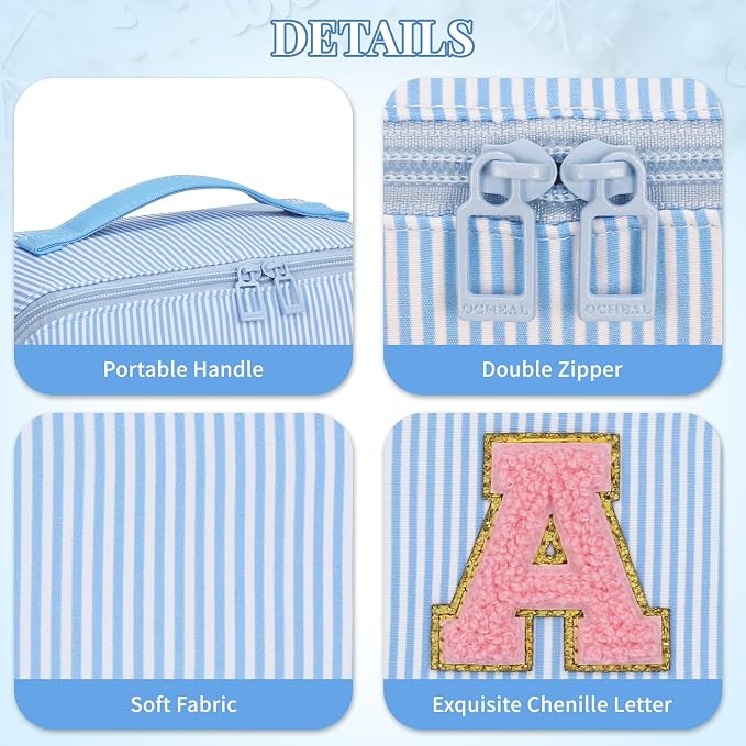 2026 Graduation Gifts - Travel Makeup Bag for Women, 2Pcs Portable Personalized Initial Makeup Organizer Bag, Open Flat Large Cosmetic Bag With Travel Essential Pouch (Blue Letter E)