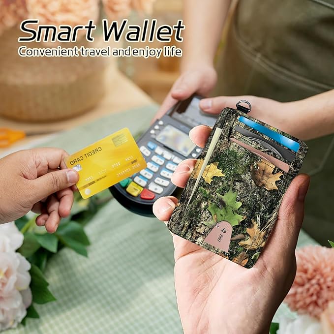 Small Travel Wallets, Camo Tree Leaf Slim Minimalist Front Pocket Wallet with Wristlet, RFID Blocking PU Leather Credit Card Holder with ID Window Change Purse for Men Women