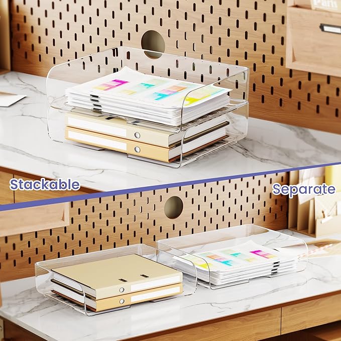 Tomorotec Desk Letter Tray Set, A4 Size Clear PET Stackable Document Organizer Office Desktop File Paper Holder Book Storage Rack Side Load Anti-Skid Stacking Support Convex Bottom (2X Landscape)