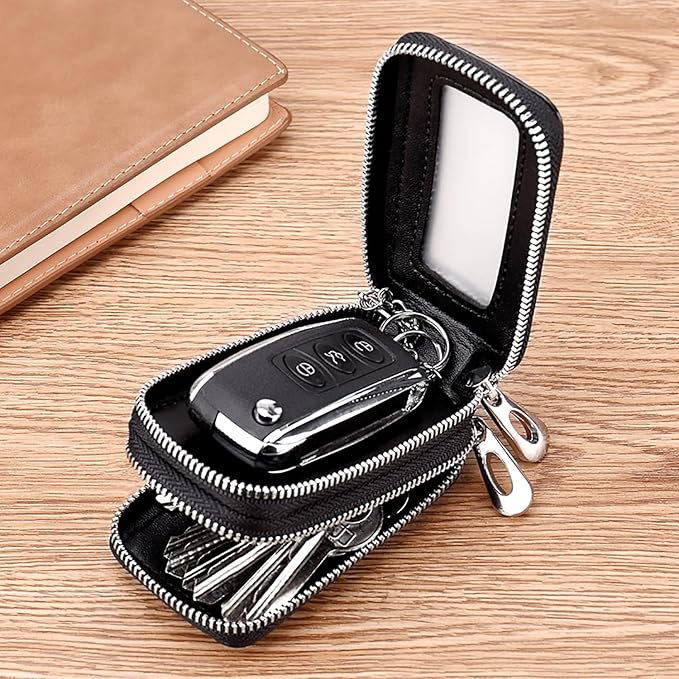 Car Key Chain Bag Double Zipper Leather Protection Key Coin Holder Keyring with Transparent Window