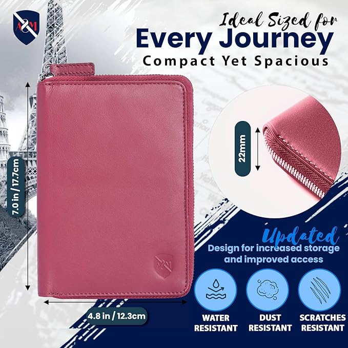ALLEN & MATE 100% Leather Passport Holder for Travel RFID Blocking Passport Wallet for Men & Women - Zippered Compact Travel Document Organizer Fits Passport, Cash, Cards, SIM, ID and Tickets