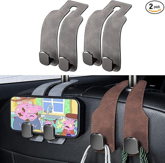 2026 car wallet hook, car headrest hook, double hook leather car seat hook, car seat headrest hook, car seat backrest storage hook, seat backrest storage hook (gray)
